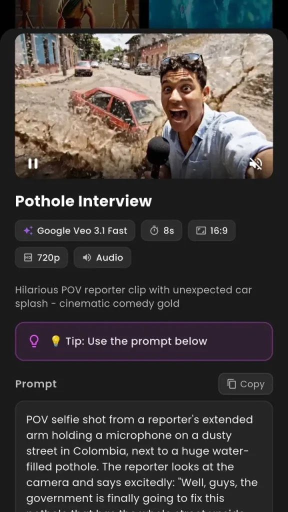 VIBE AI video generator app home screen