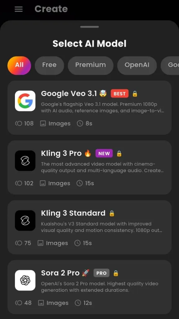 VIBE app image to video generation screen